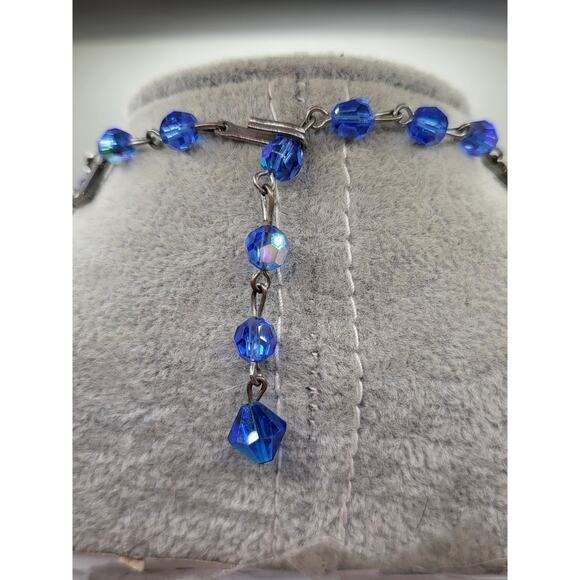 Vintage Blue Crystal AB Bead Double Strand Necklace 1950s Adjustable - Picture 6 of 6